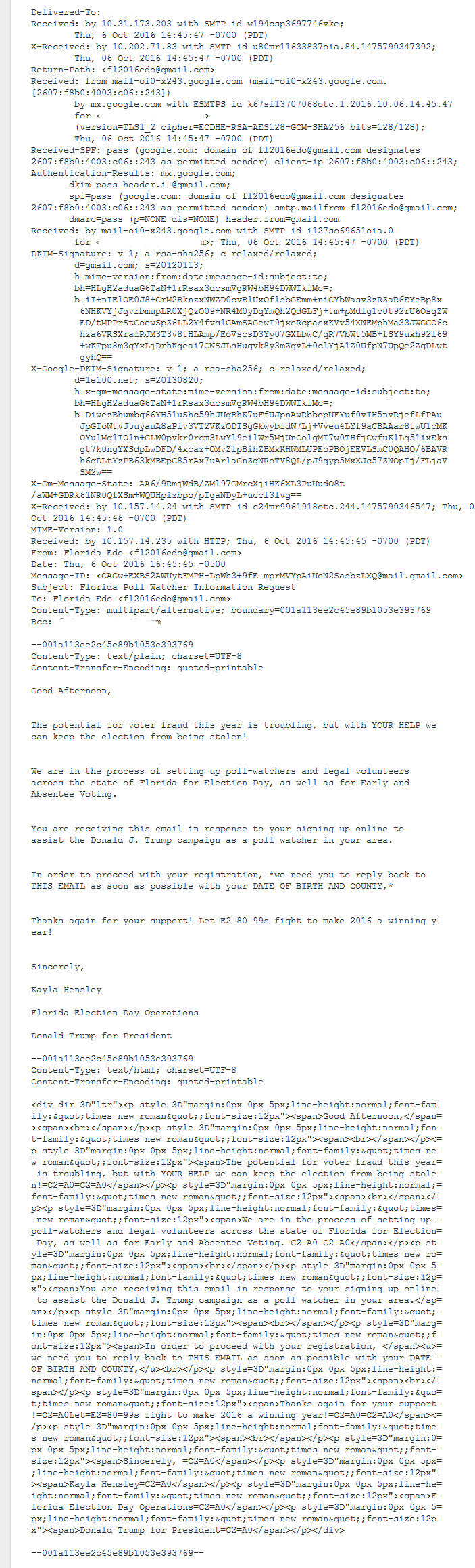 Florida EDO Fraudulent Email Headers