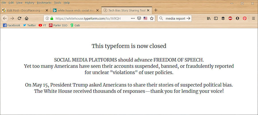 white house tech bias reporting tool closed