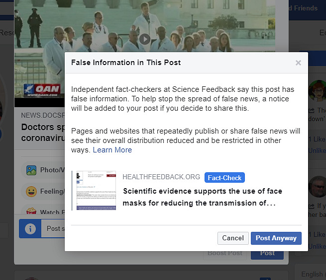 science feedback coronavirus warning Facebook
